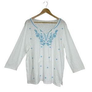 Talbots Cotton White & Blue Embroidery Bead Tunic Top XL Resort Cruse Vacation